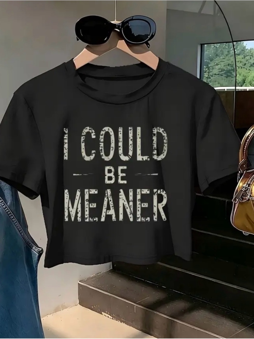 Black 'I Could Be Meaner' Crop Tee - Women's Casual Graphic Top